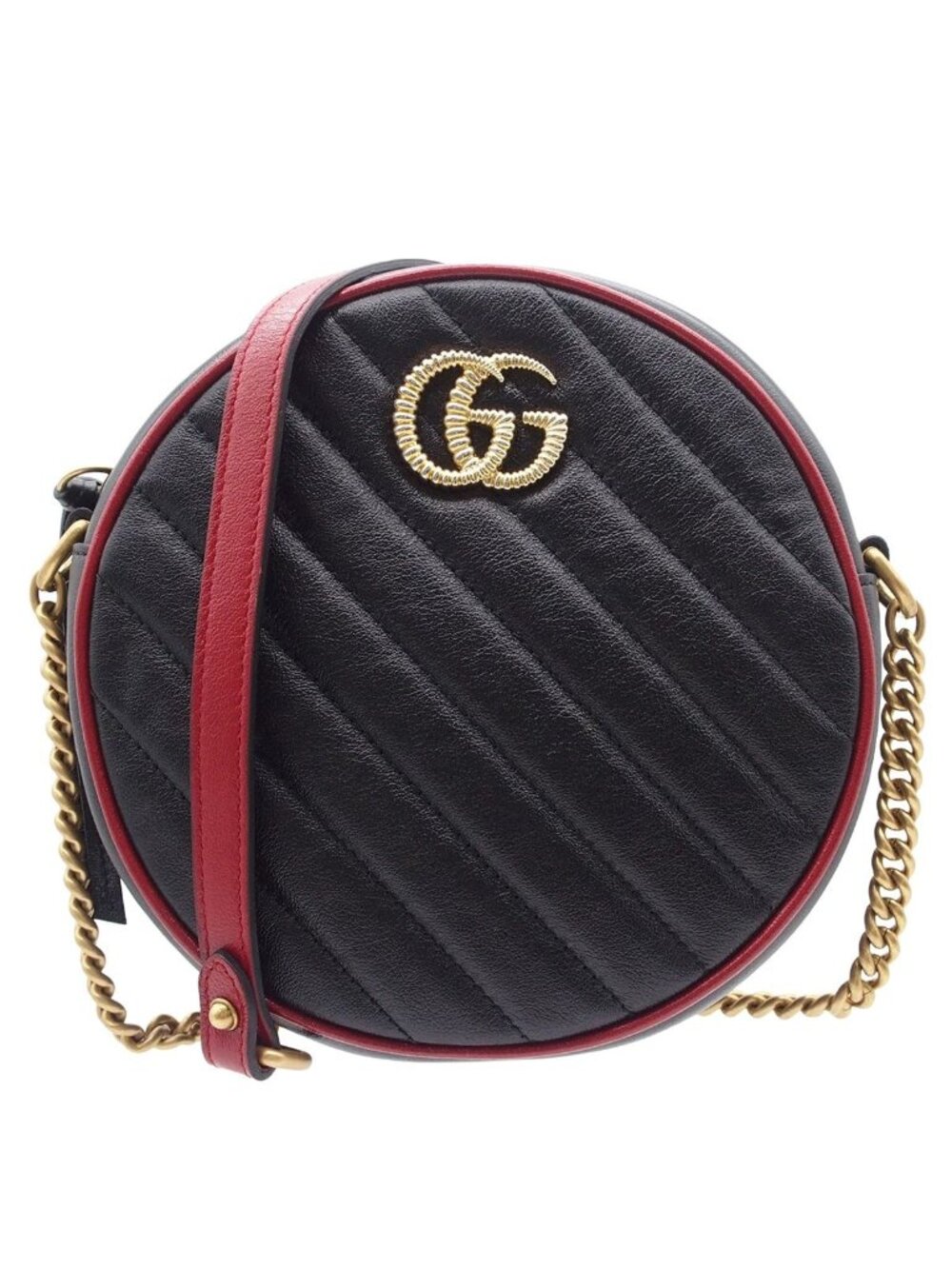 Gucci Chain Shoulder Bag Black Leather Round GG Marmont